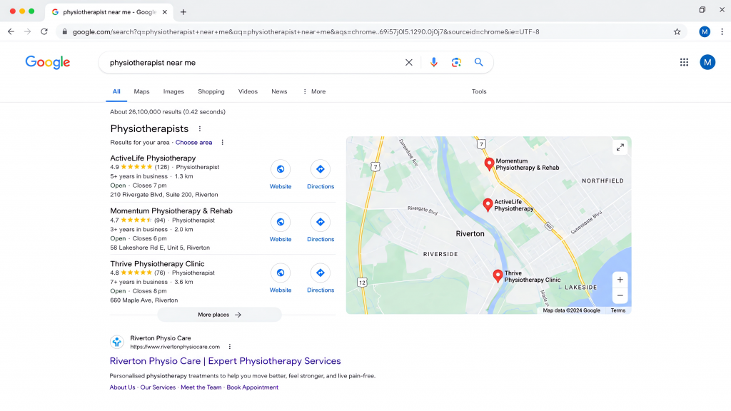 Example of Google search results for a query "physiotherapist near me"