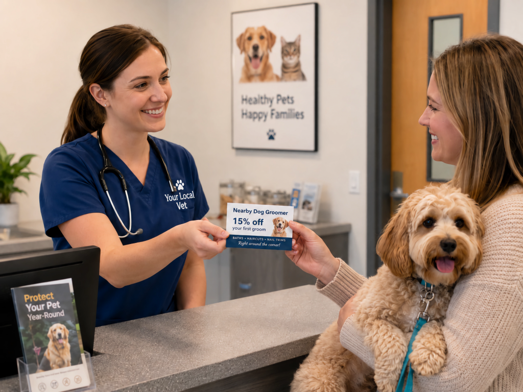 Example of a partnership between a local vet and a dog groomer