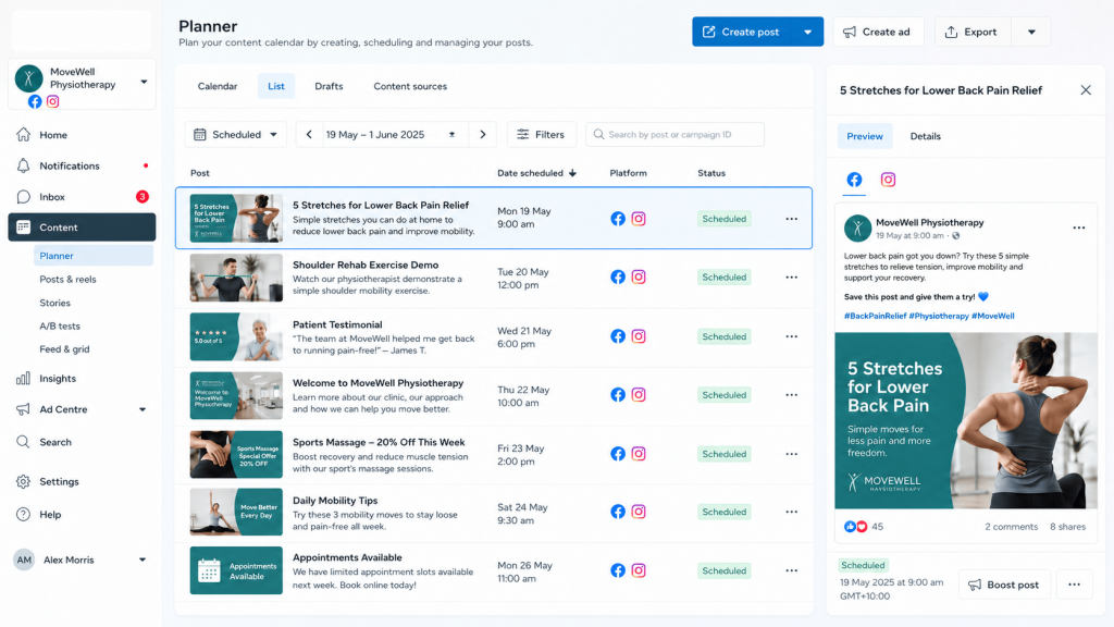 Content scheduling for a physiotherapy clinic