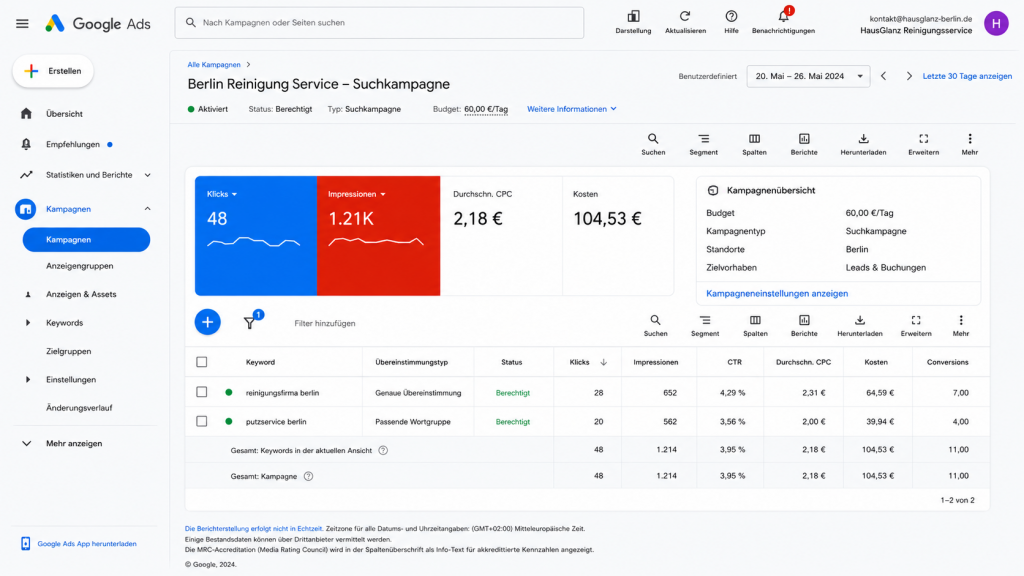 Beispiel einer Google-Ads-Kampagne für einen Klempner in Berlin