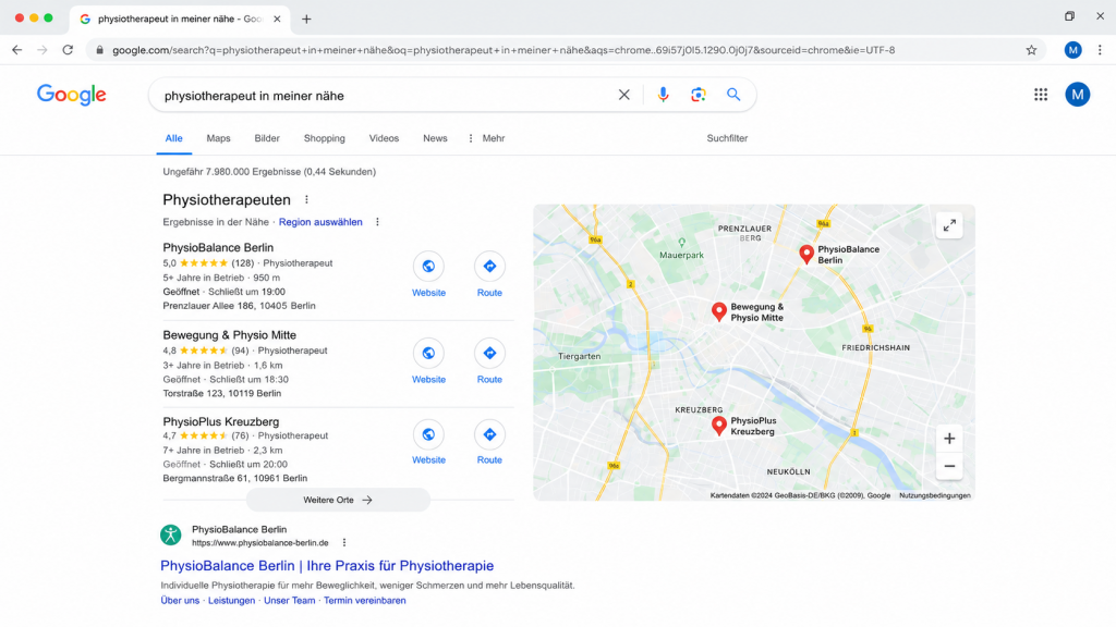 Beispiel für Google-Suchergebnisse zur Suchanfrage „Physiotherapeut in meiner Nähe“
