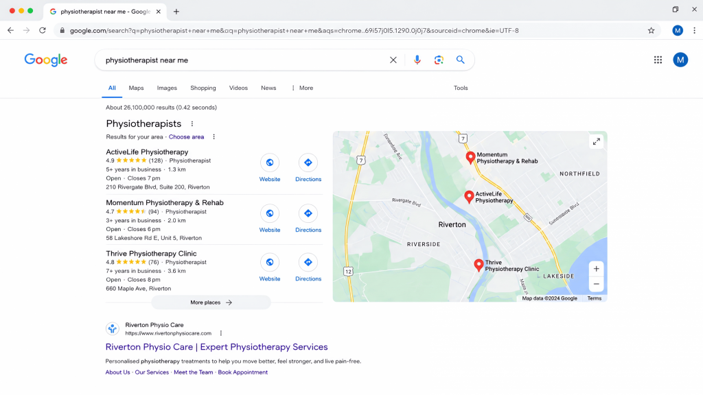 Example of Google search results for a query "physiotherapist near me"