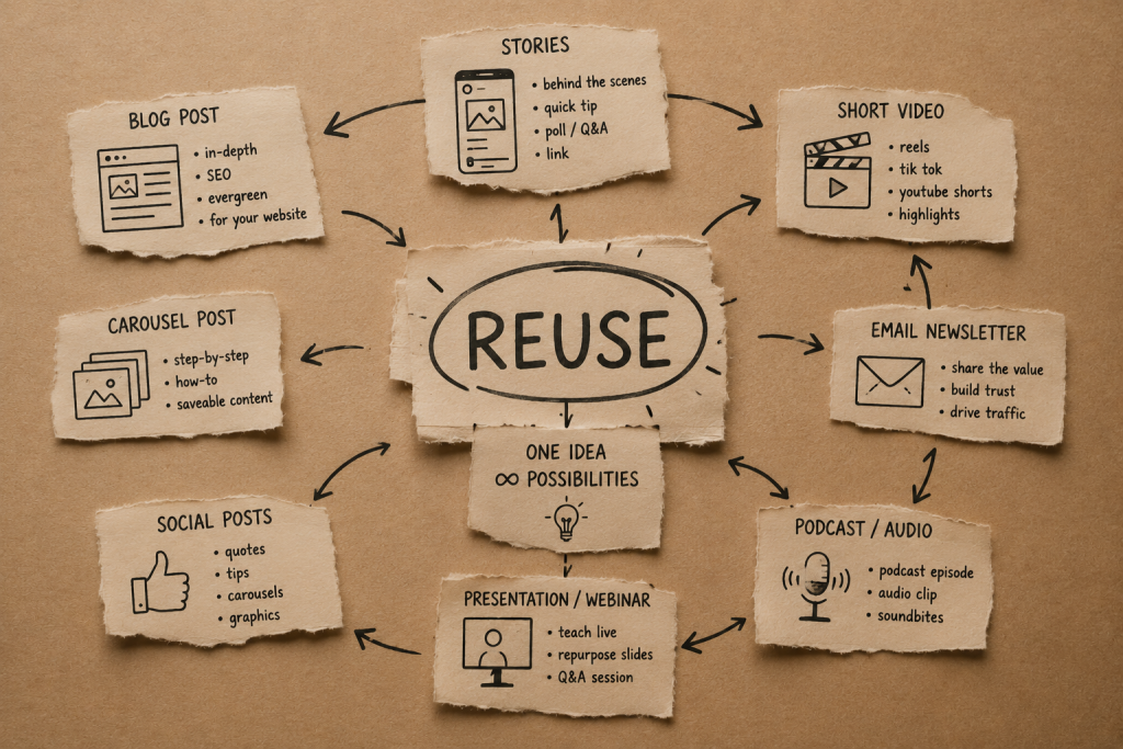 Reusing one piece of content across videos, Stories, blogs and emails in a social media plan