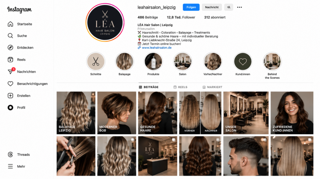Instagram-Profil eines Friseursalons in Leipzig als Teil von Online-Marketing für Unternehmen