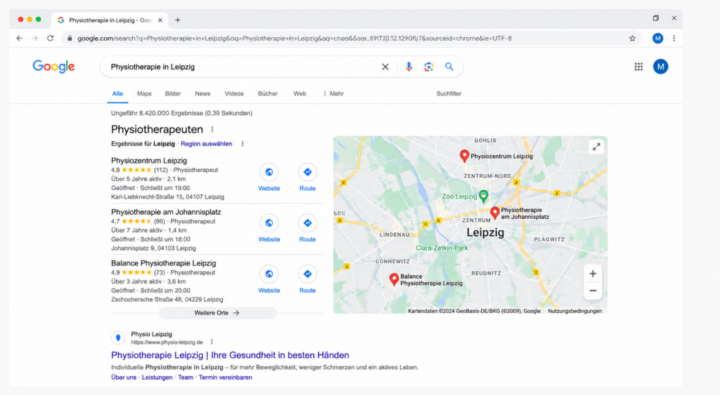 Google-Suche nach Physiotherapie in Leipzig als Beispiel für Online-Marketing für Unternehmen