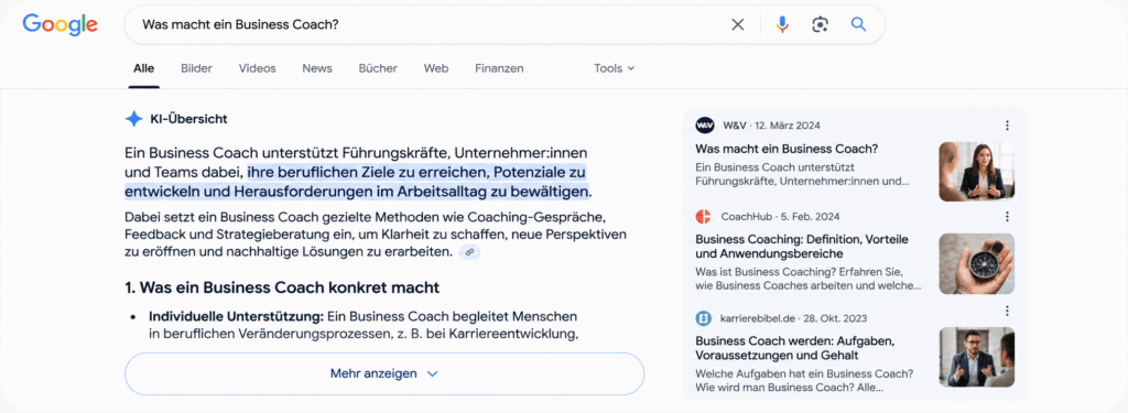Deutsche Google Suchergebnisse zum Thema Business Coaching.