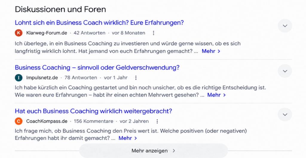 Google Suchergebnisse mit Diskussionen und Foren zur Frage „Lohnt sich Business Coaching?“.