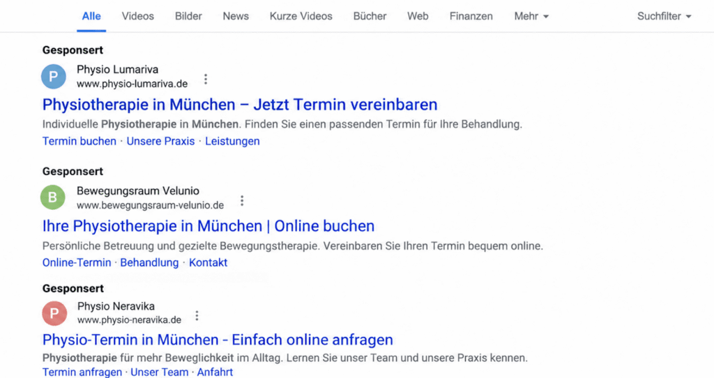 Google Suchergebnisse mit gesponserten Anzeigen für „Physiotherapie München buchen“.