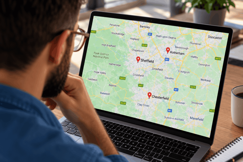Local SEO for plumbers showing Sheffield, Rotherham and Chesterfield marked as service areas on a map.