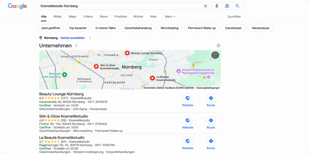 Lokale Google Suchergebnisse mit Unternehmensprofilen und Standorten auf Google Maps.