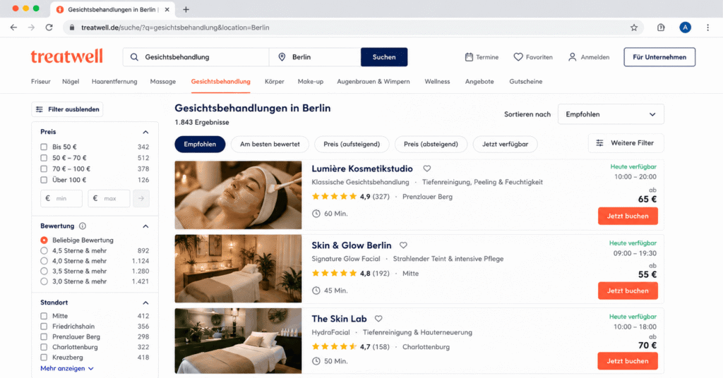 Mockup einer Treatwell-Suchergebnisseite für Gesichtsbehandlungen in Berlin mit Bewertungen, Preisen und Buchungsoptionen – Beispiel für ChatGPT SEO.