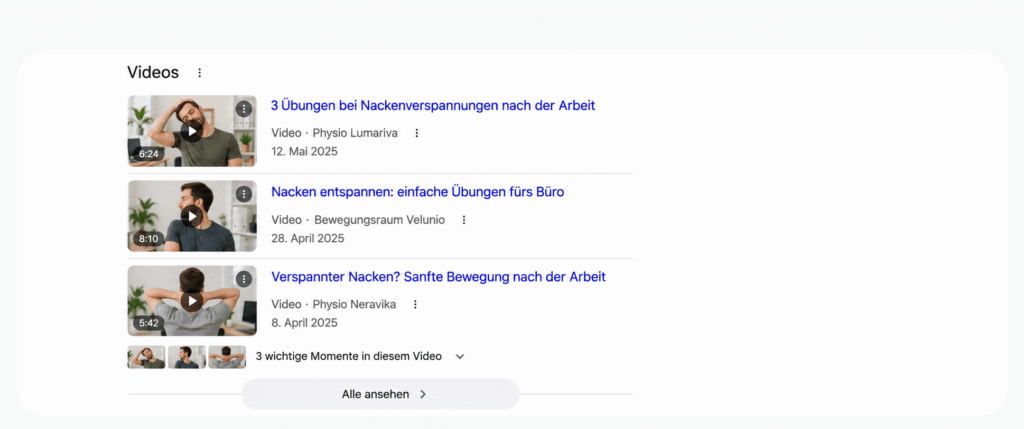 Google Suchergebnisse mit Videos zu Übungen gegen Nackenverspannungen nach der Arbeit.