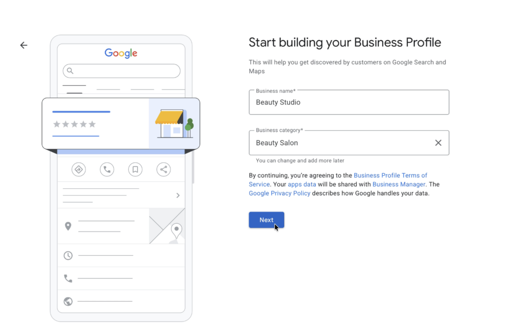Enter your business name and choose a category to set up a google business profile