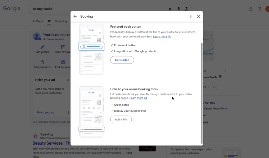 Add an appointment booking link to set up a google business profile