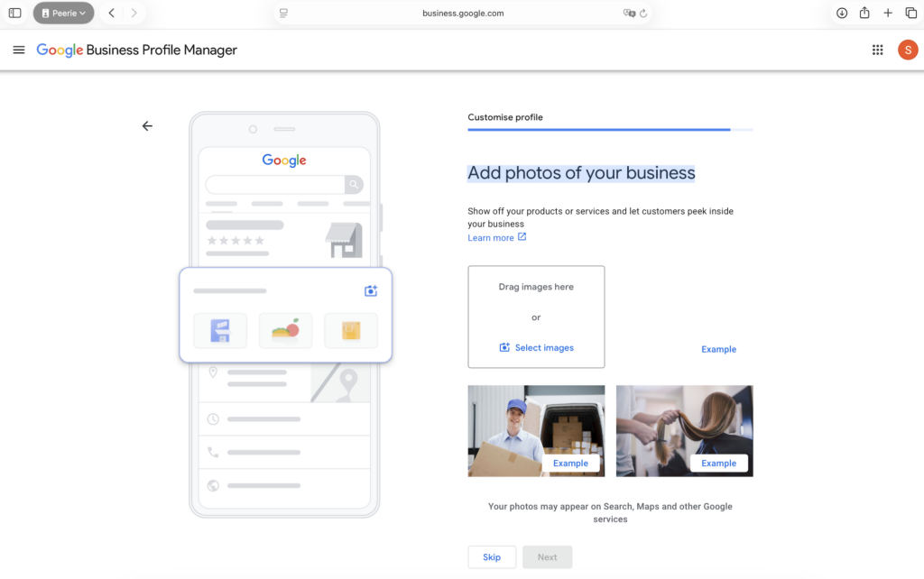 Add your logo and real business photos to set up a google business profile