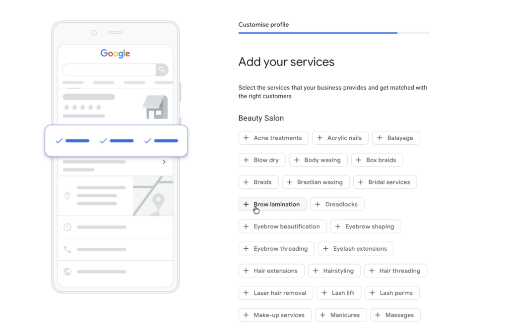 Add the services to set up a google business profile