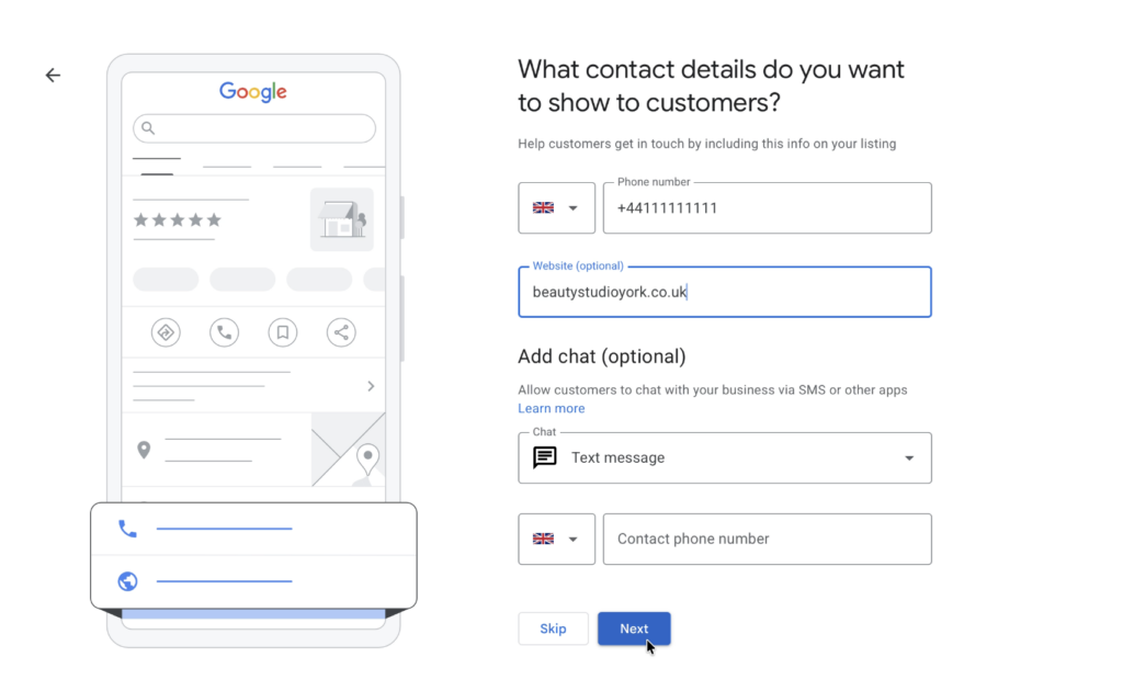 Add your phone number and website to set up a google business profile