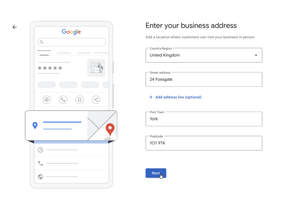 Add your business address to set up a google business profile