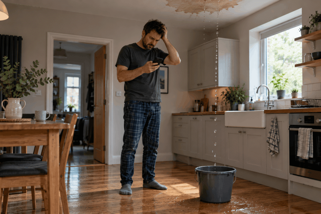 Homeowner searching for a local plumber on their phone after discovering a water leak in the kitchen.
