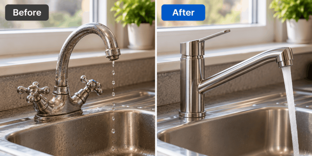 Before and after photos of an old leaking kitchen tap replaced with a modern mixer tap by a local plumber.