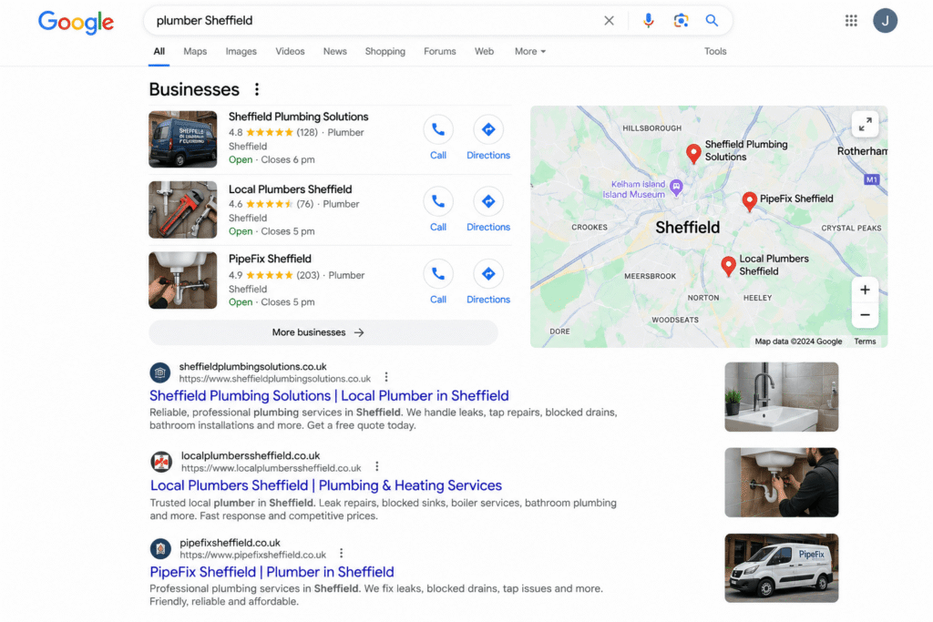 Google search results for plumber Sheffield showing local businesses and Google Maps listings as part of local SEO for plumbers.