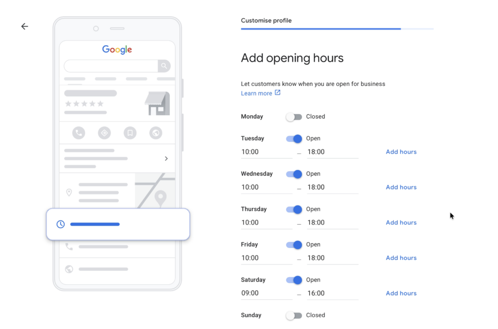 Set your opening hours to set up a google business profile