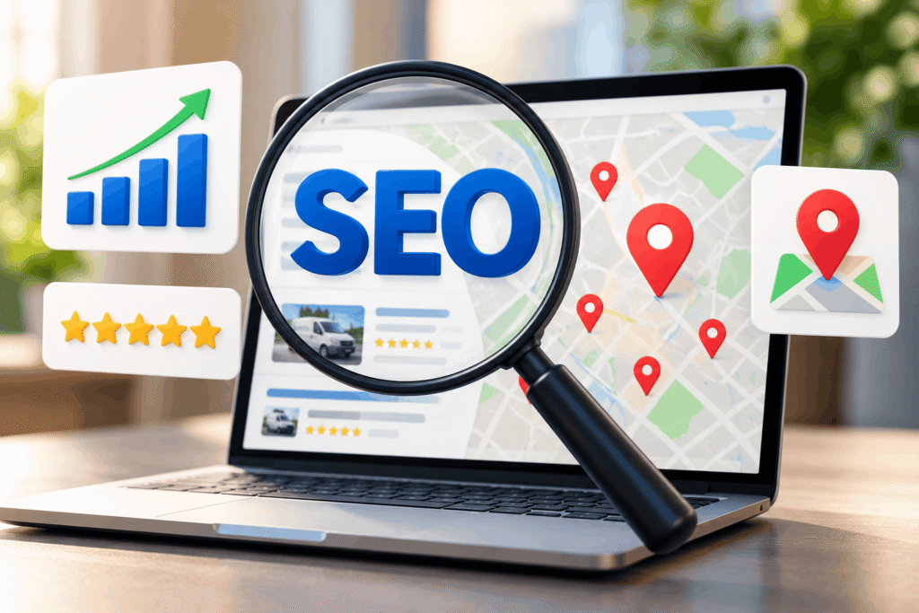 Local SEO for plumbers illustrated with search rankings, Google Maps locations, customer reviews and performance analytics.